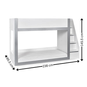 White bunk bed with dimensions labeled on a white background