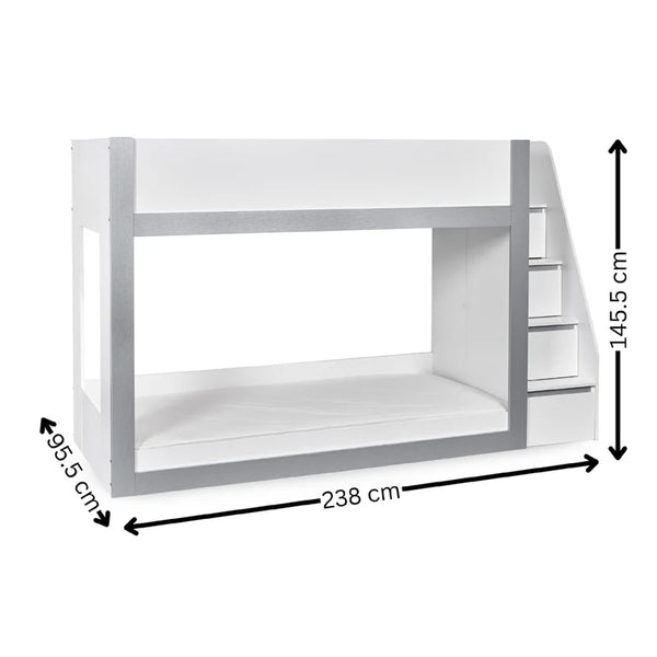 White bunk bed with dimensions labeled on a white background