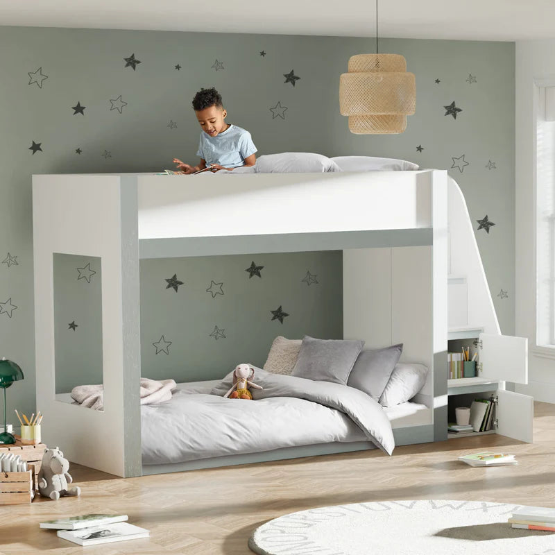 White and gray bunk bed on a white background