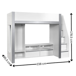 White loft bed with measurements on a white background