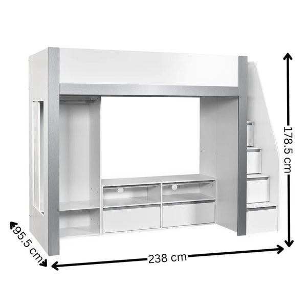 White loft bed with measurements on a white background