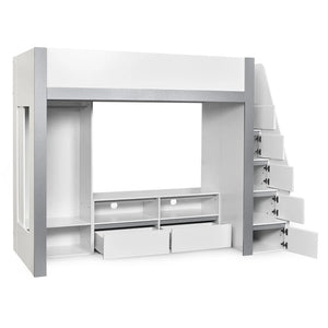 White and gray bunk bed with storage drawers on a white background