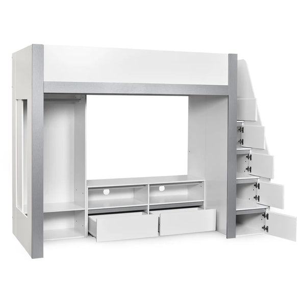 White and gray bunk bed with storage drawers on a white background