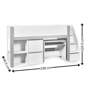 White loft bed with desk and dimensions on a white background