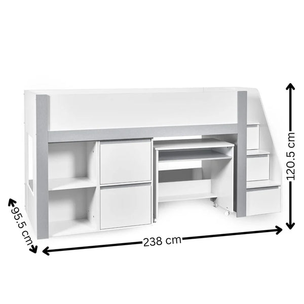 White loft bed with desk and dimensions on a white background