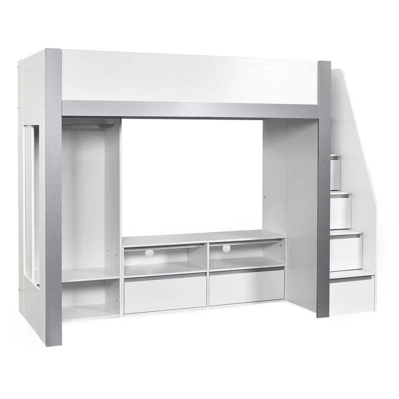 White loft bed with storage drawers on a white background
