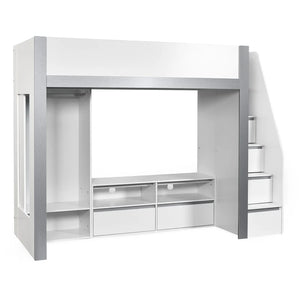 White loft bed with storage drawers on a white background