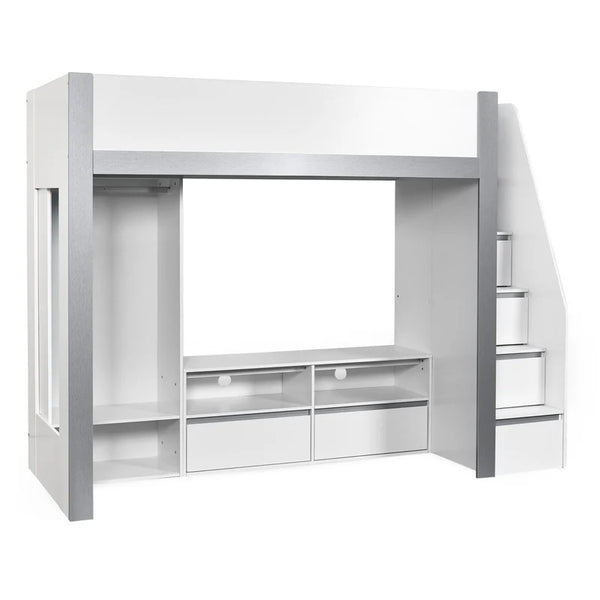 White loft bed with storage drawers on a white background