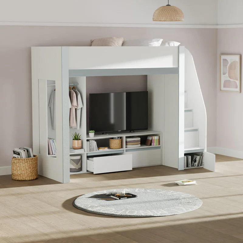 White loft bed with storage drawers on a white background