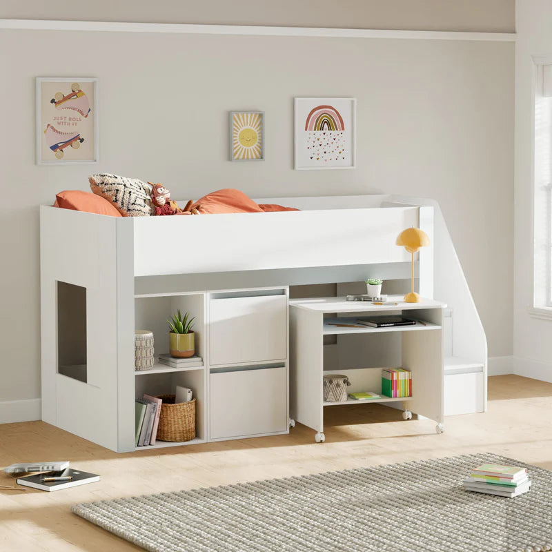 White storage bed with desk and drawers on a white background