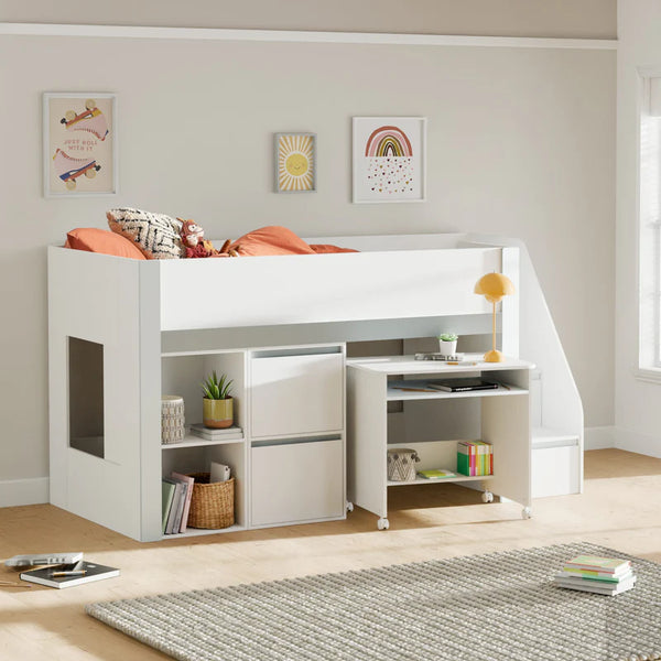 White loft bed with desk and shelves in a room with light gray walls and a rug.