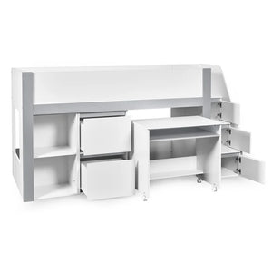 White storage bed with desk and drawers on a white background