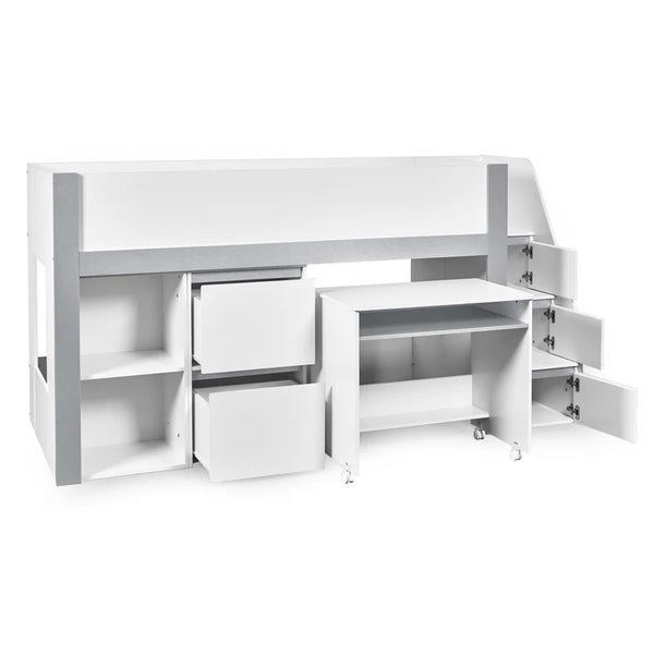 White storage bed with desk and drawers on a white background