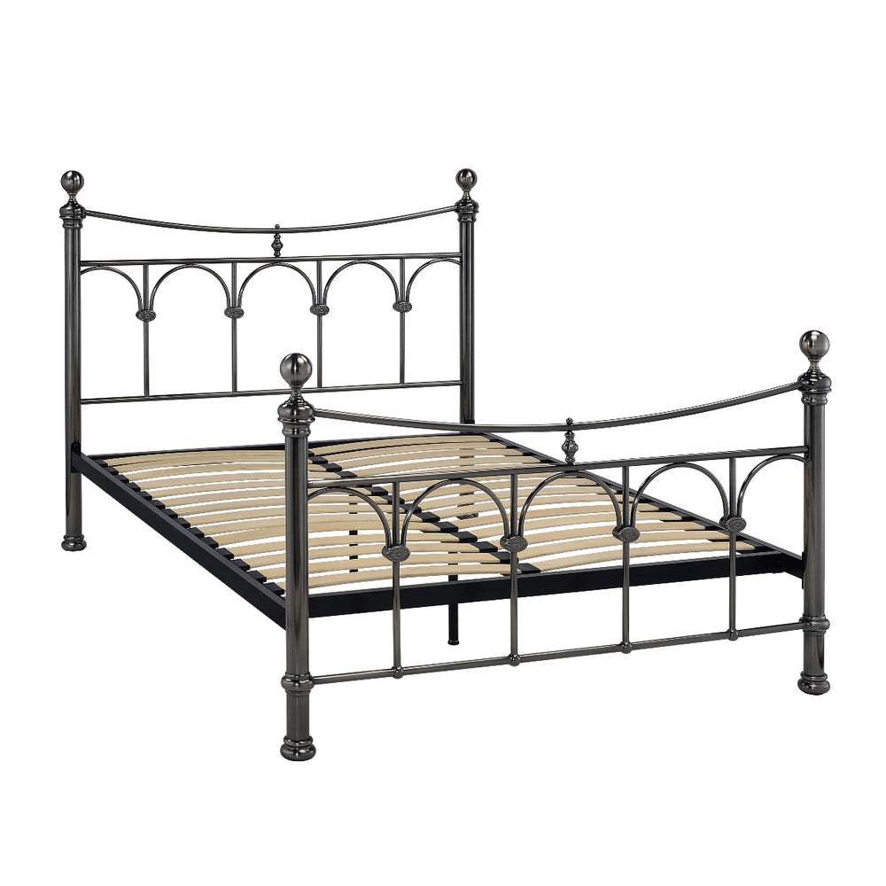Metal bed frame with wooden slats on a white background