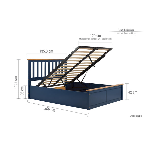 Navy blue bed frame with storage drawers and dimensions on a white background