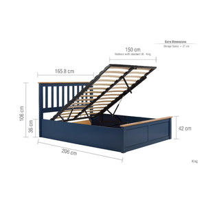 Navy blue bed frame with wooden slats and dimensions on a white background