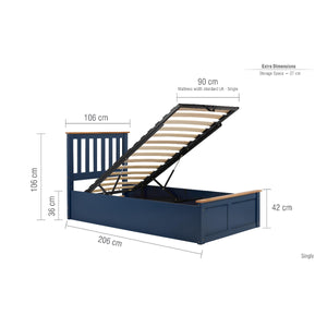 Navy blue bed frame with wooden slats and dimensions on a white background