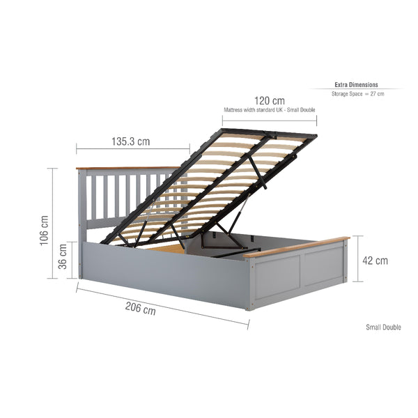 Gray bed frame with dimensions labeled on a white background