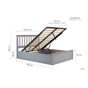 Gray bed frame with dimensions labeled on a white background