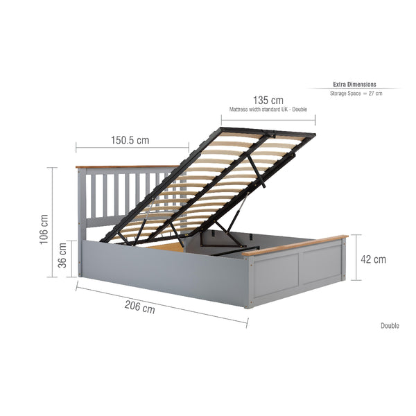 Gray bed frame with dimensions labeled on a white background