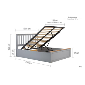 Gray bed frame with dimensions on a white background