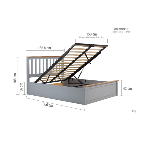 Gray bed frame with dimensions on a white background
