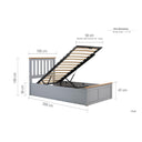 Gray bed frame with dimensions labeled on a white background