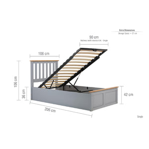 Gray bed frame with dimensions labeled on a white background