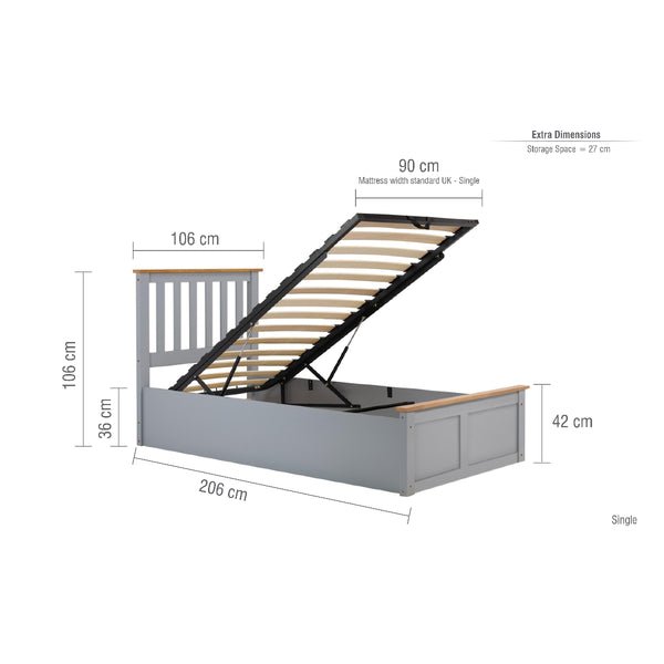 Gray bed frame with dimensions labeled on a white background
