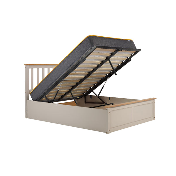 Beige bed frame with open storage compartment on a white background