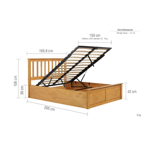 Wooden bed frame with dimensions labeled on a white background
