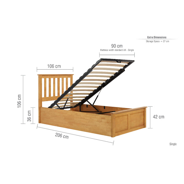 Wooden bed frame with dimensions on a white background