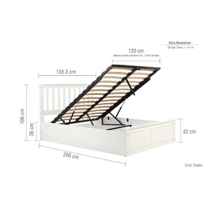 White bed frame with dimensions labeled on a white background