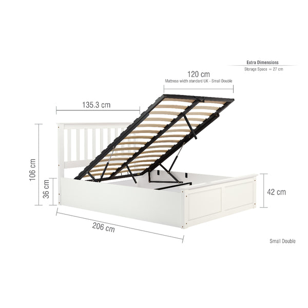 White bed frame with dimensions labeled on a white background