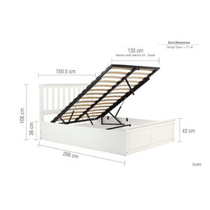 White bed frame with dimensions labeled on a white background