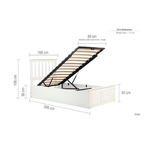 White bed frame with dimensions labeled on a white background