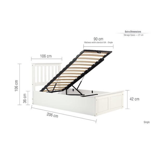 White bed frame with dimensions labeled on a white background