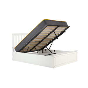 White bed frame with a raised black and yellow mattress support system on a white background