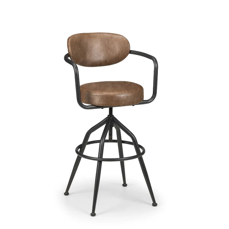 Brown bar stool with black metal frame on a white background