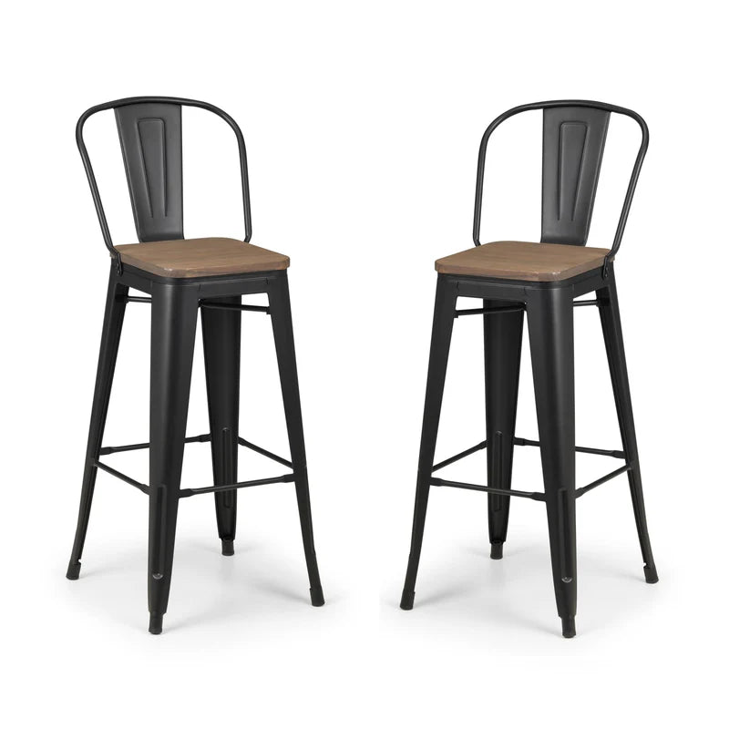 Two black metal bar stools with wooden seats on a white background