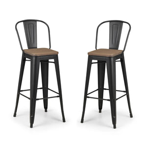 Two black metal bar stools with wooden seats on a white background