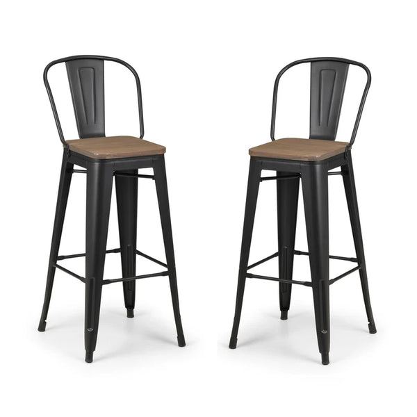 Two black metal bar stools with wooden seats on a white background