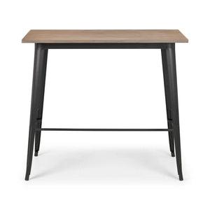 Wooden table with black metal legs on a white background
