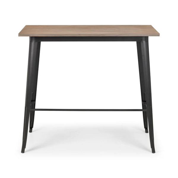 Wooden table with black metal legs on a white background