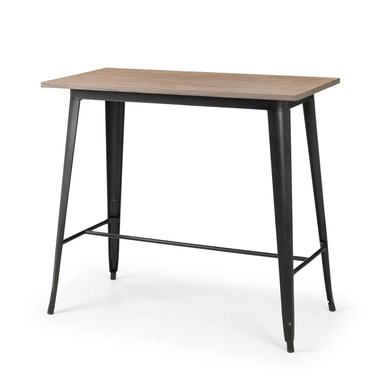Table with wooden top and black metal legs on a white background