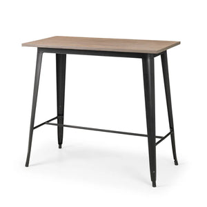 Table with wooden top and black metal legs on a white background
