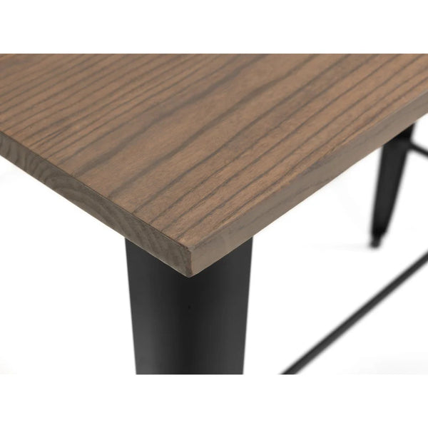Wooden table top with black metal legs on a white background
