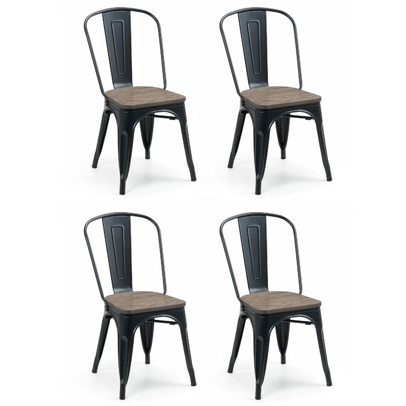 Four black metal chairs with wooden seats on a white background
