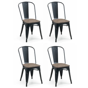 Four black metal chairs with wooden seats on a white background