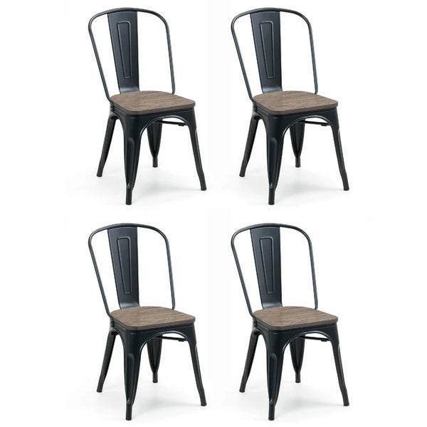 Four black metal chairs with wooden seats on a white background